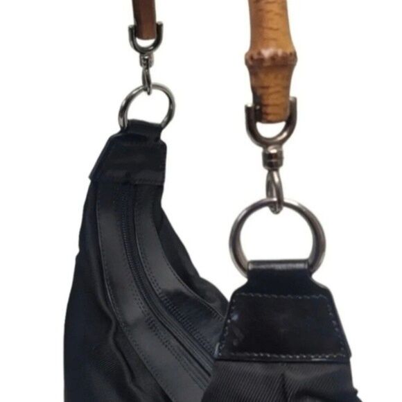 💙GUCCI Black nylon fabric bamboo top handle satchel bag. - Picture 2 of 11